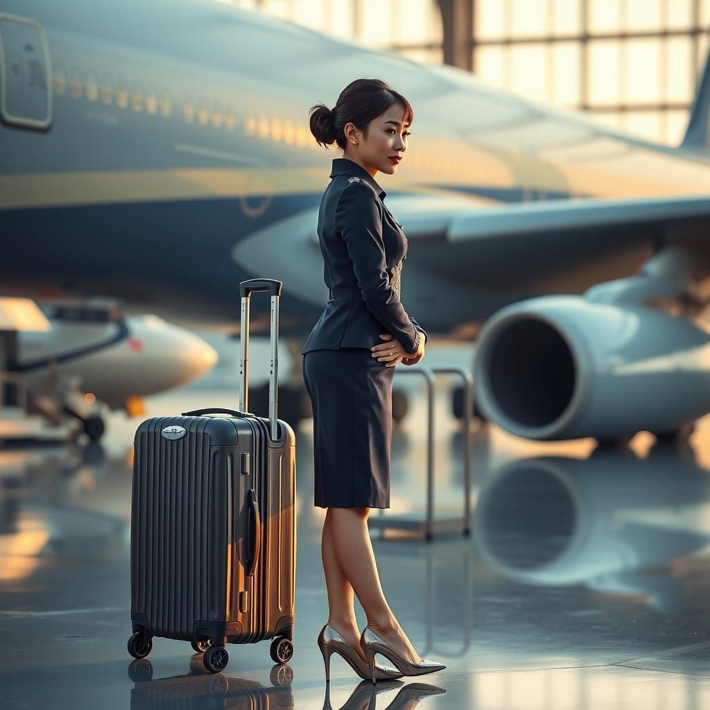 Elegant Flight Attendant in Sapphire Uniform