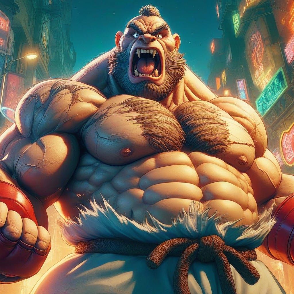 Cyberpunk Zangief Illustration in Dark Fantasy Anime Style