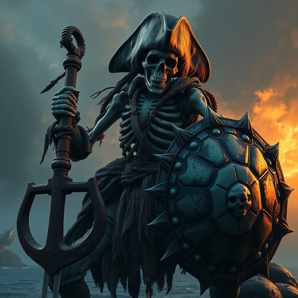 Undead Pirate Skeleton Wields Sea Anchor and Turtle Shell Sh...