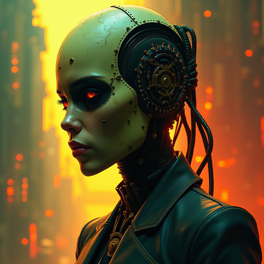 Matrix Humanoid in Dystopian Cityscape