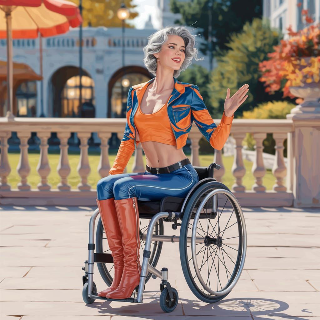 Expressive Jazz-Inspired Woman in Wheelchair at Cafe