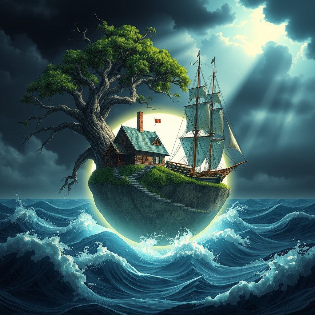 Luminous Island Treehouse Above Stormy Seas