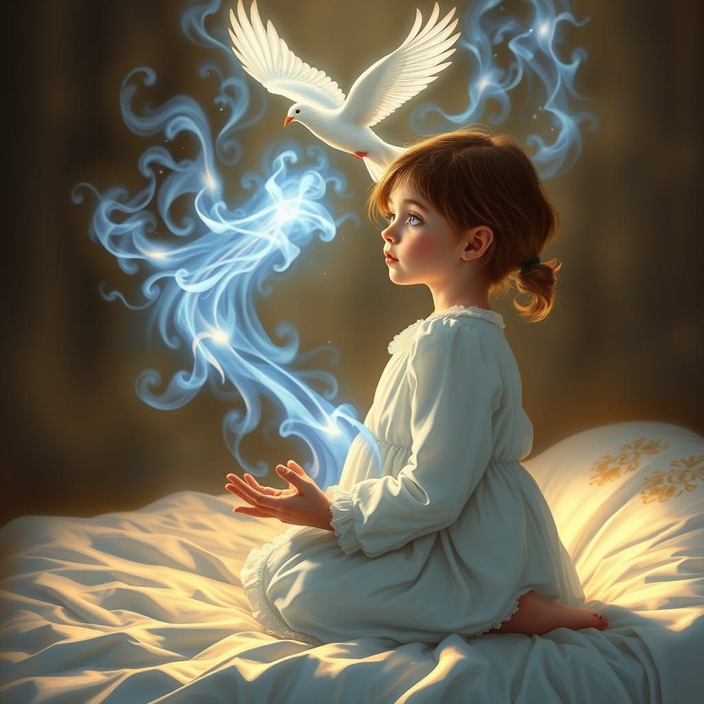 Girl Praying Under Dove Engulfed in Blue Flames