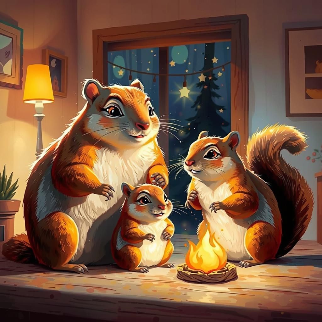 Una casa iluminada y una familia de ardillas disfrazadas se ...