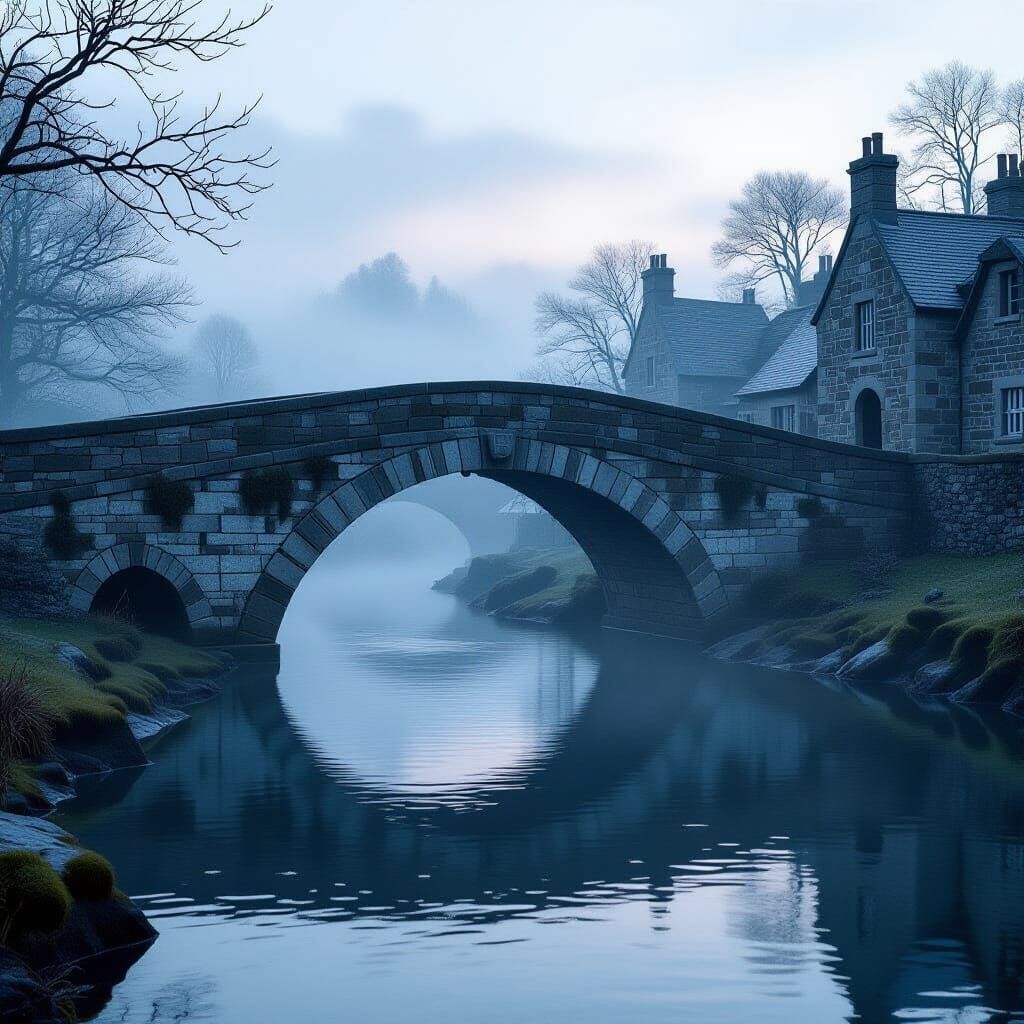 British Stone Bridge in Dawn Mist, Fantasy Concept Art