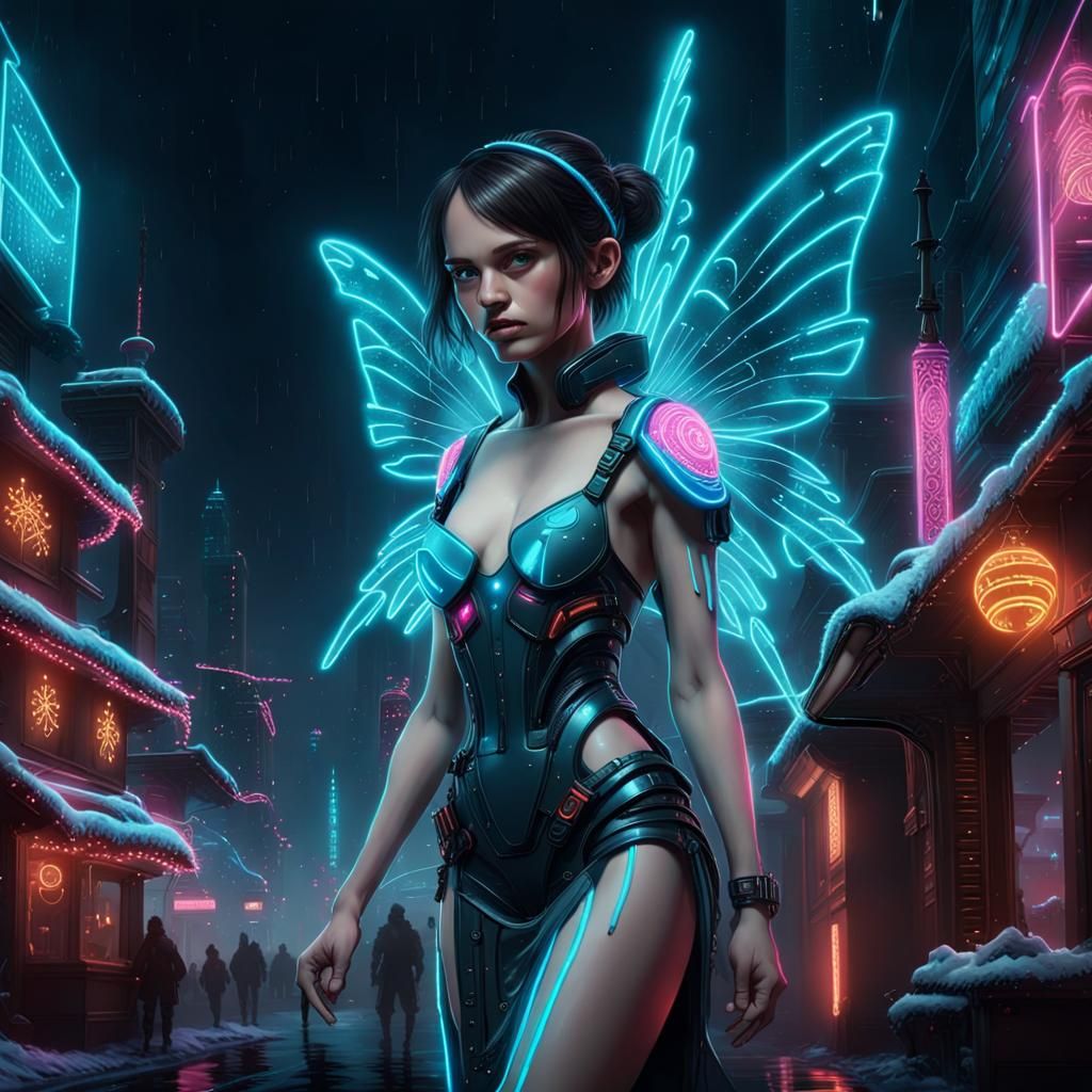 Bioluminescent Fairy-Tale Christmas in Cyberpunk Style