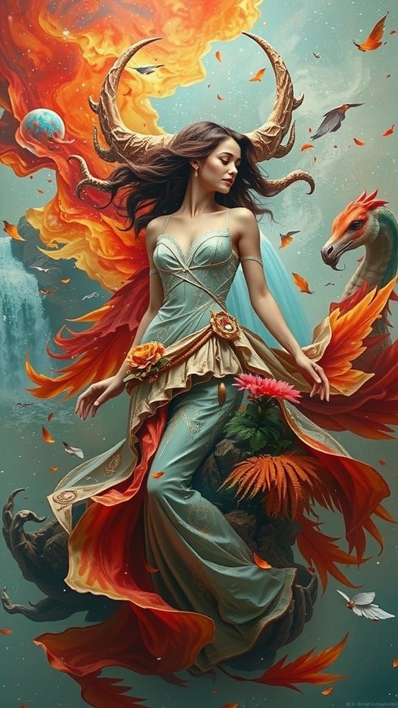 Mythical Virgo Double Exposure with Waterfall Landscape