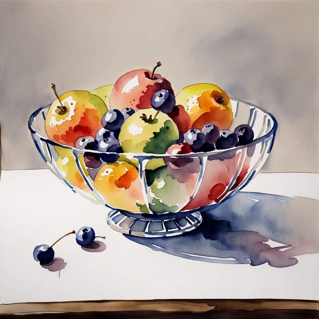 Watercolour Fruit Bowl Painting on Table
