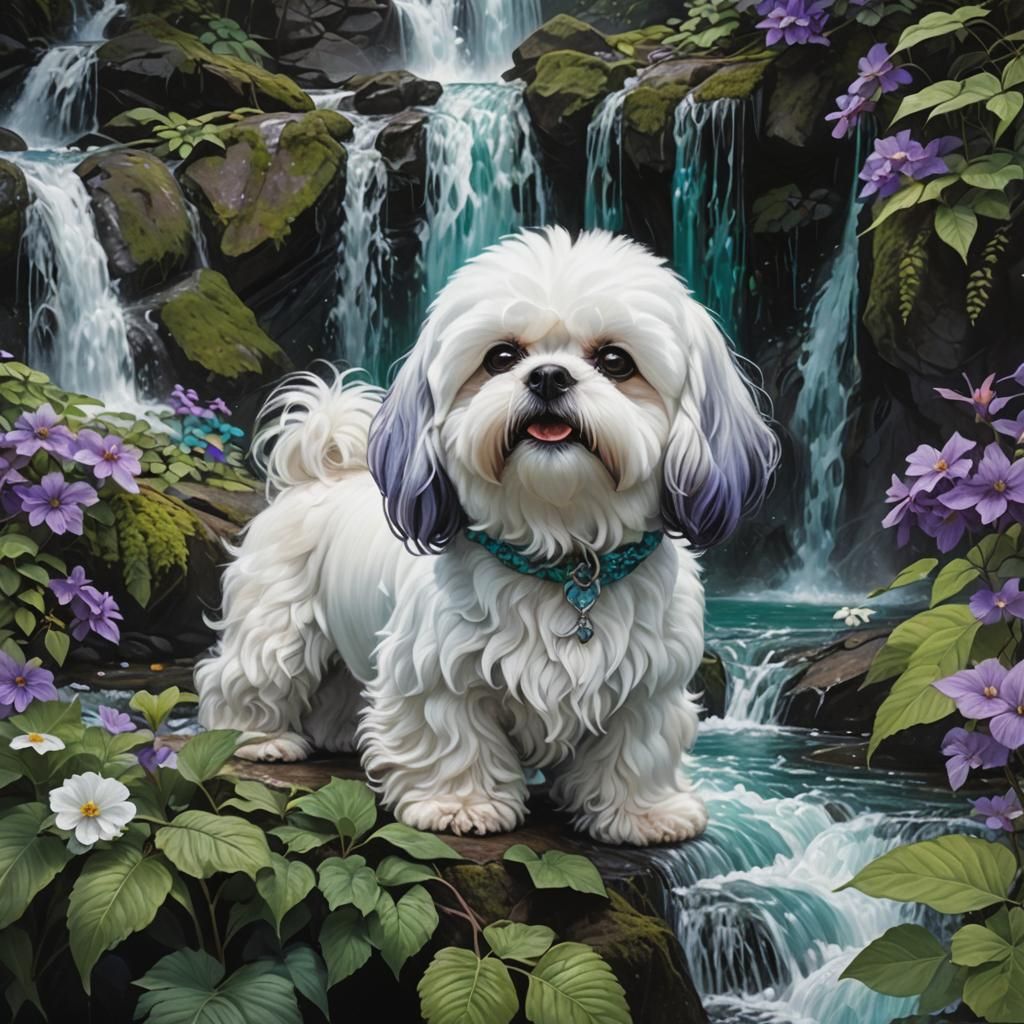 Shichon Dog Portrait by Waterfall in Splash Art Style