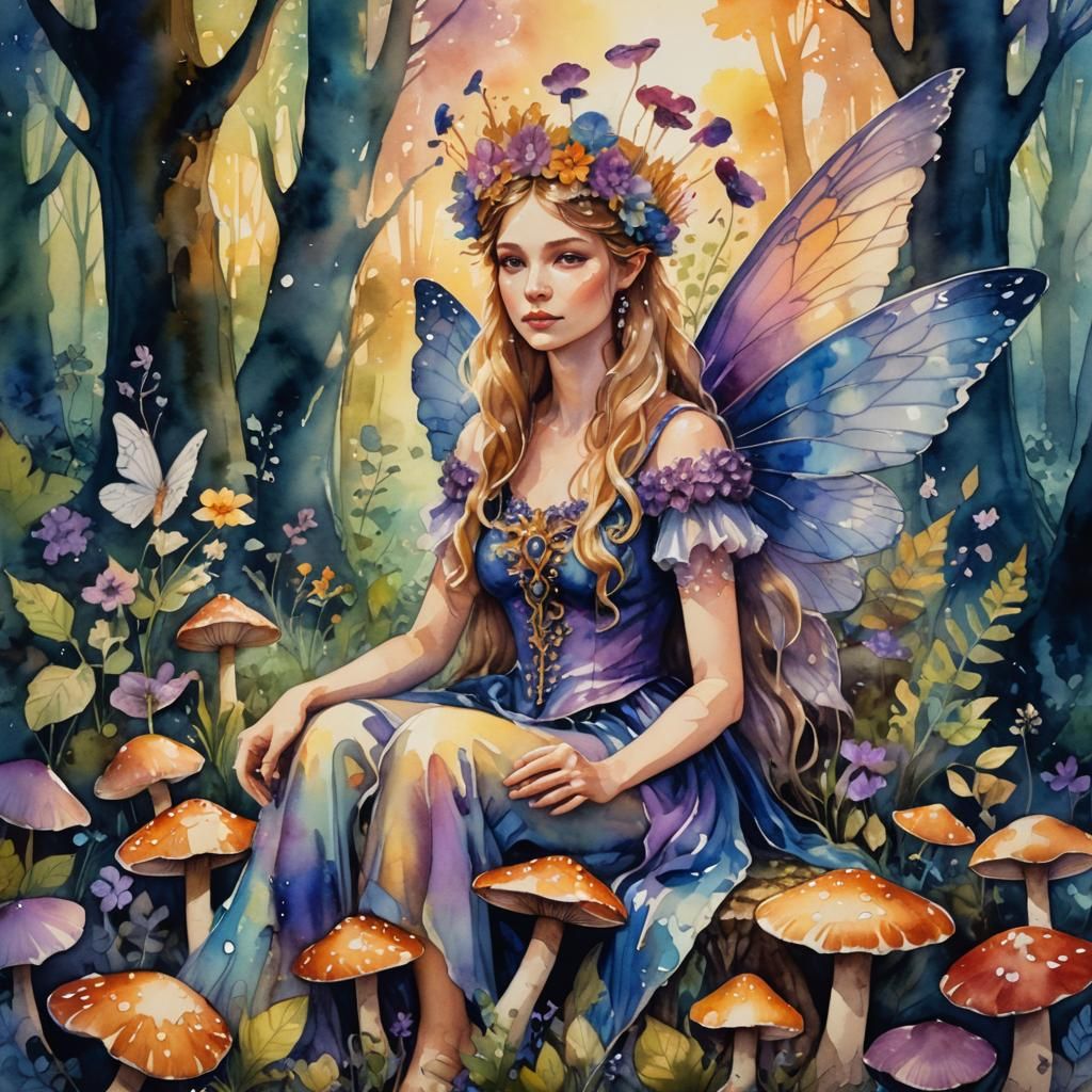 Fantasy Fairy Queen Portrait in Watercolor Style