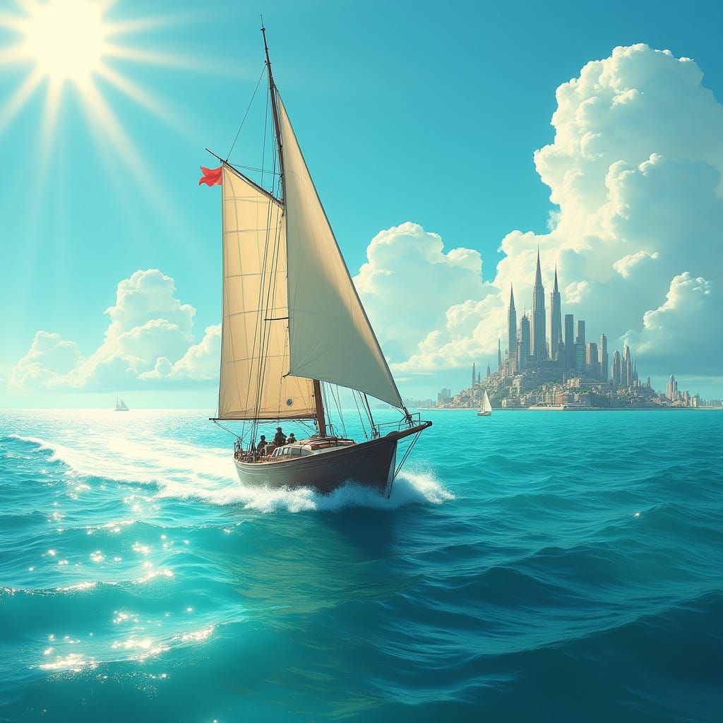 Flying Sailboat Soars Above Futuristic Island City