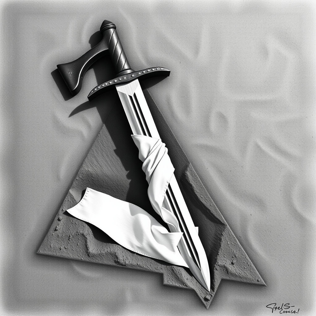 Broken Sword, Tomahawk, and Blindfold in Charcoal