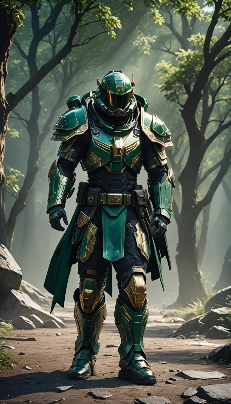 Emerald Armored Helldiver in Sci-Fi Setting