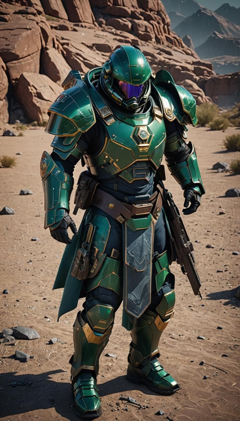 Emerald Sapphire Armored Helldiver Soldier in Sci-Fi Scene