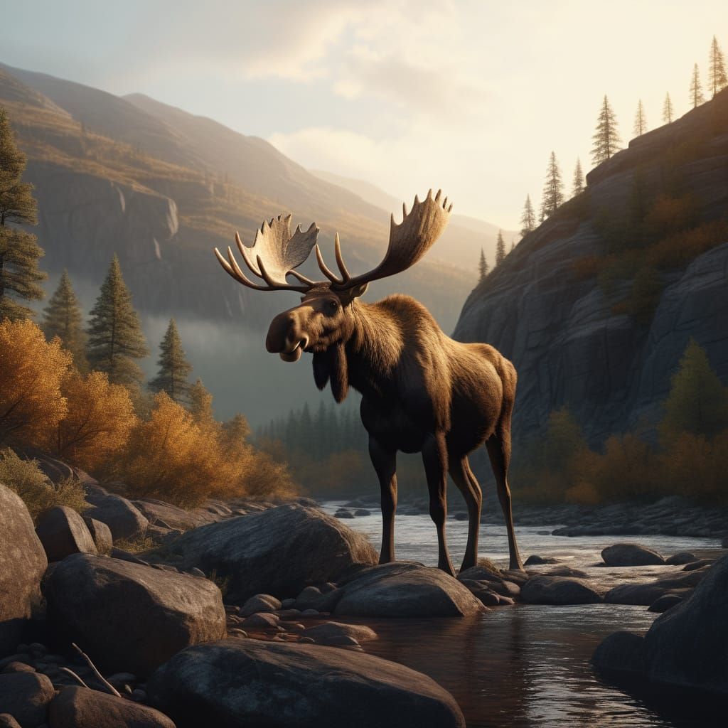 Moose on Cliff at Sunset: Photorealistic Landscape