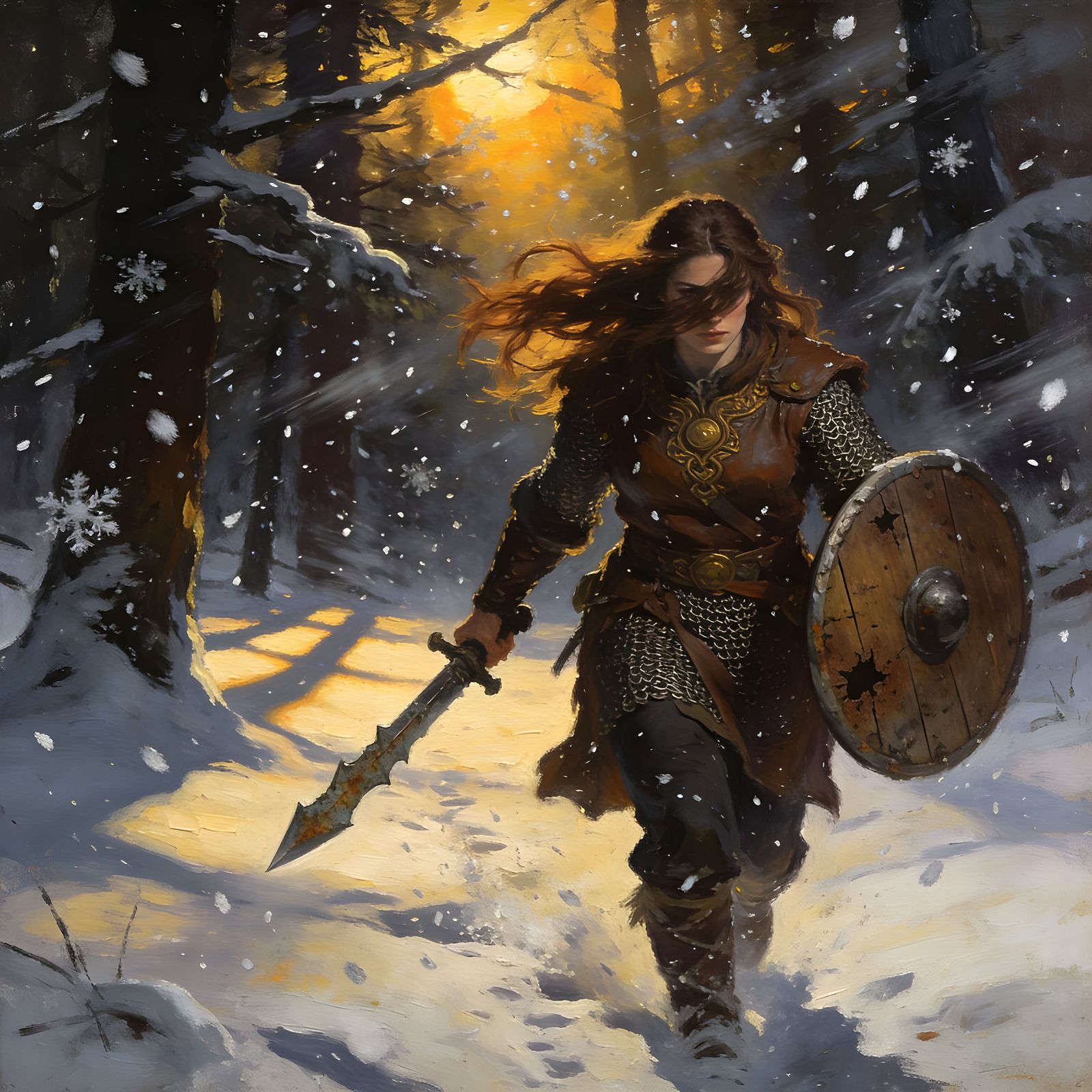 Norse Goddess in Snowy Forest Oil Painting