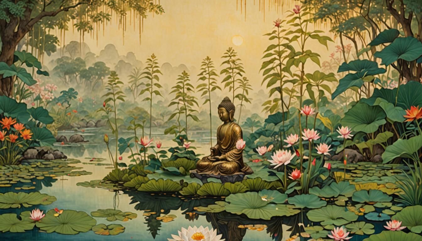 Buddha Meditating on Lotus in Ukiyo-e Style