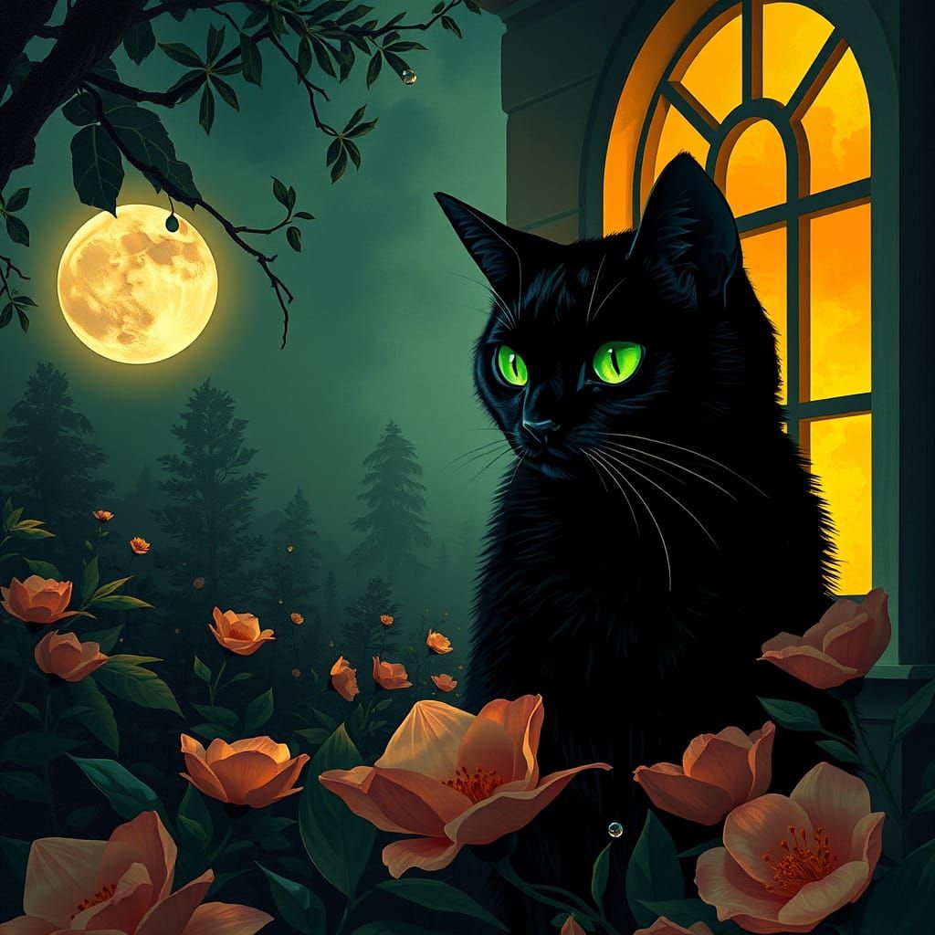 Mystical Black Cat Gazes at Warm Cottage Window