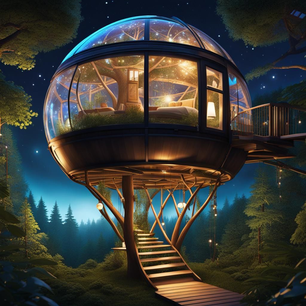 Enchanted Forest Treehouse at Night in Digital Illustration