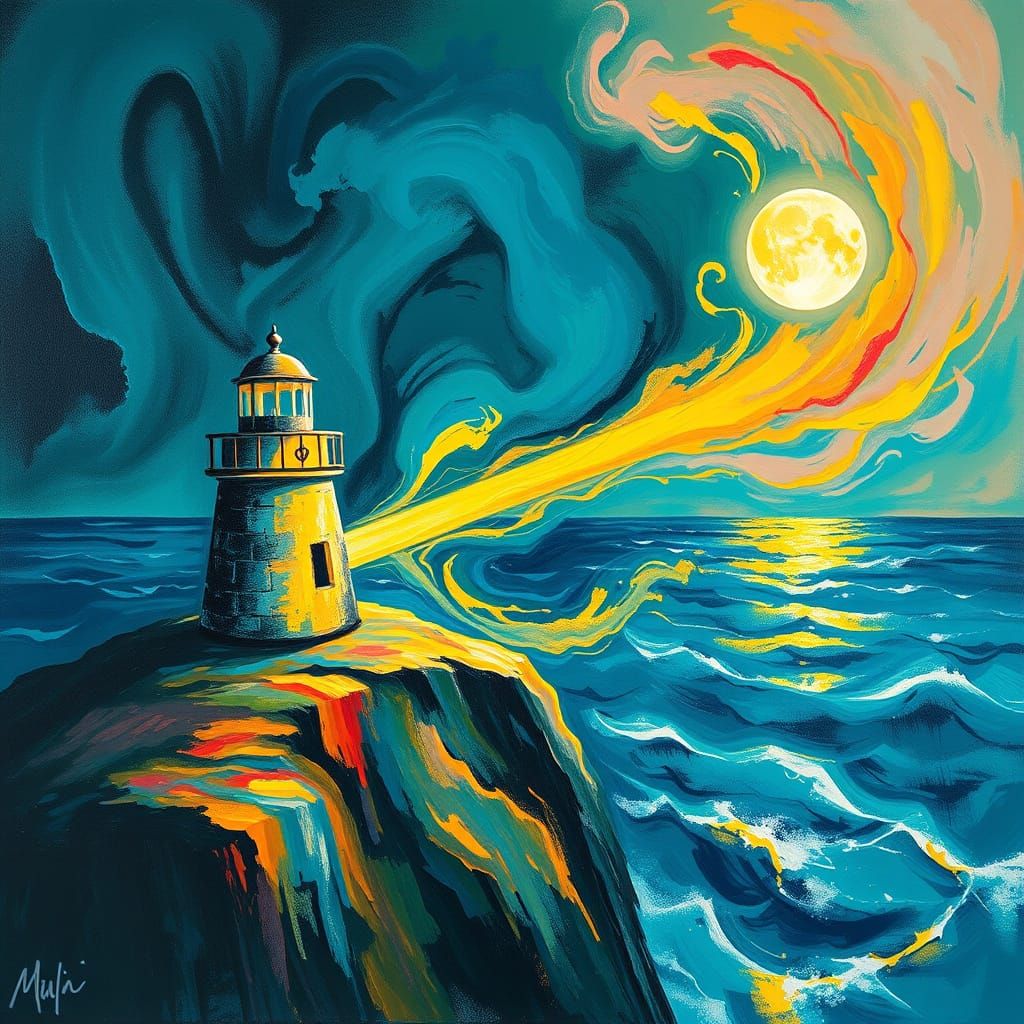 Lighthouse in Stormy Seas: Abstract Expressionist Fantasy Ar...