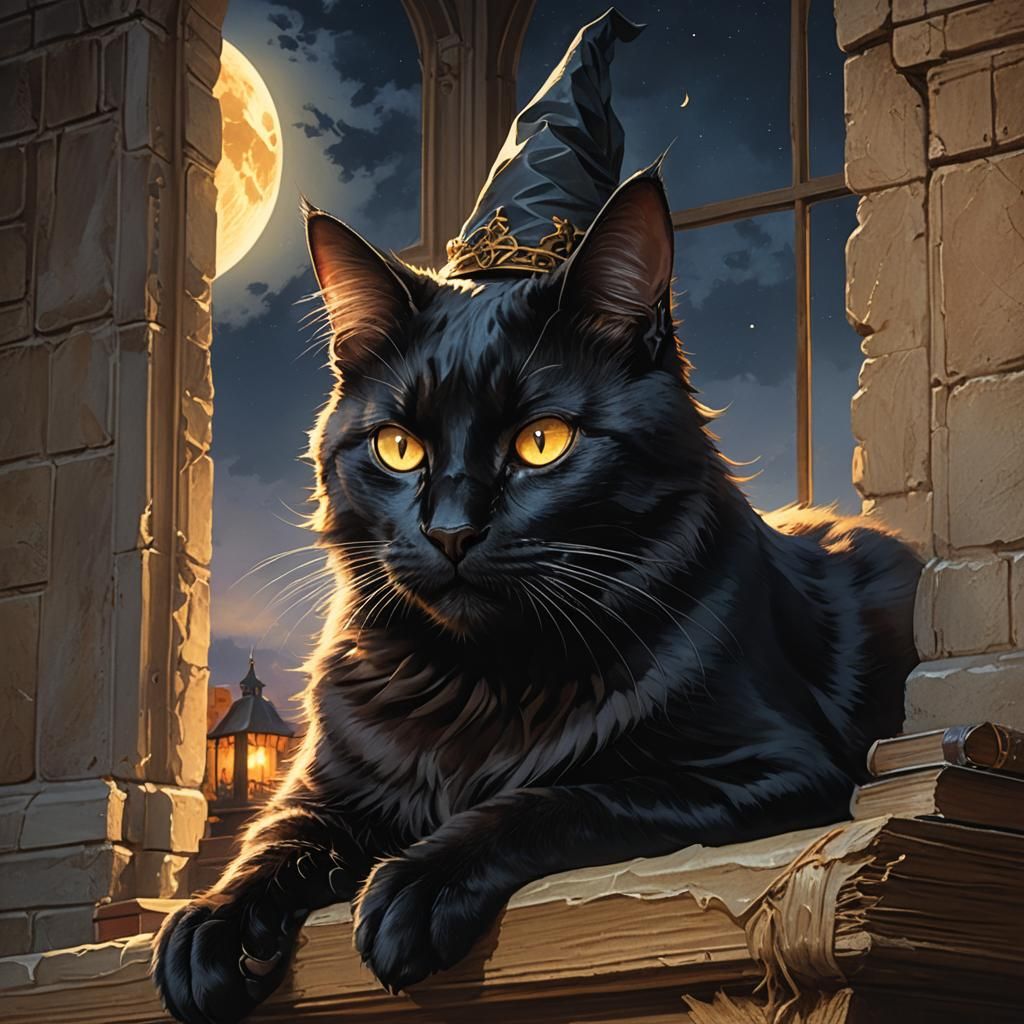 Black Cat in Wizard's Library: Fantasy Portrait