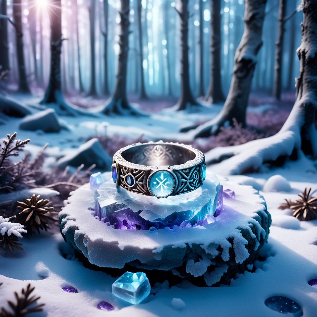 Ethereal Crystal Ring Adorned with Glowing Ancient Runes