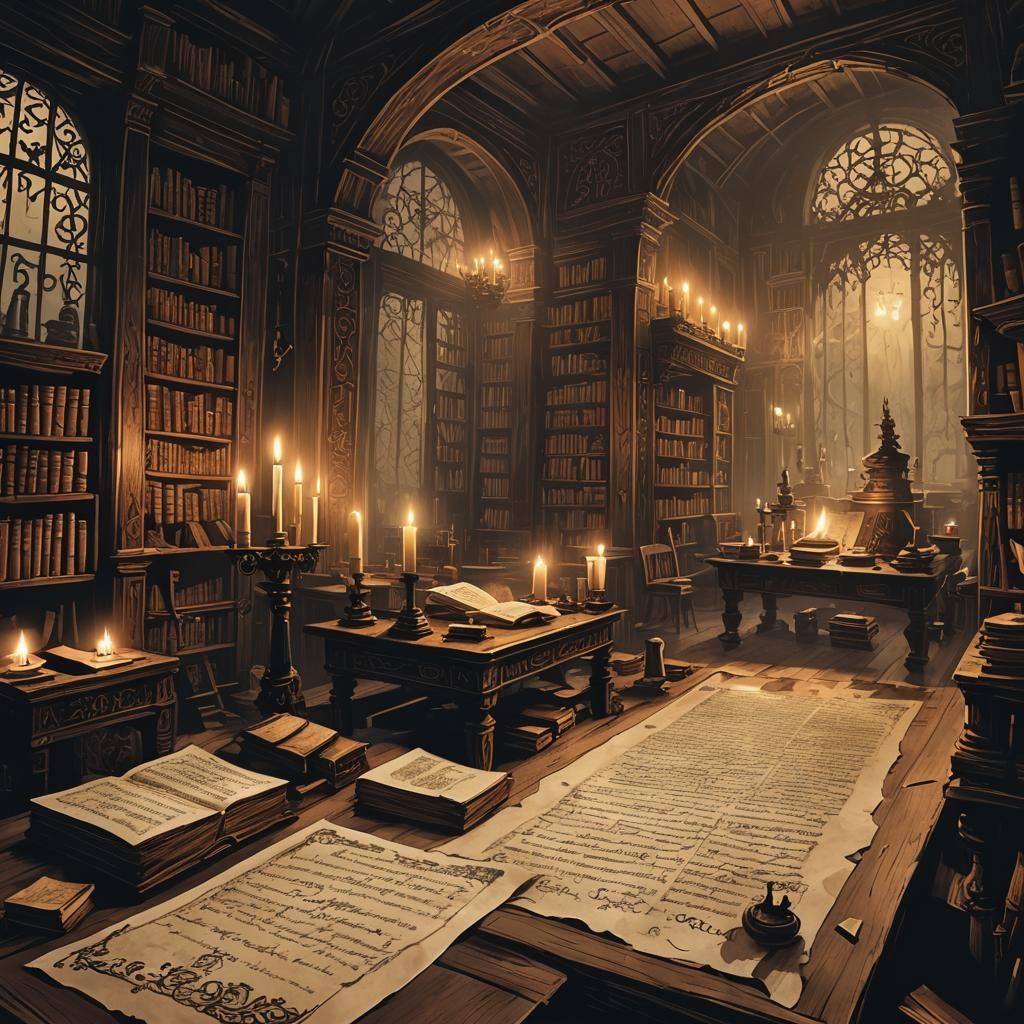 Ancient Library with Horror Calligraphy