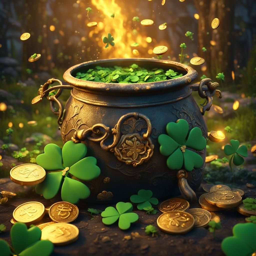 Cauldron of Gold Coins and Clovers: Fantasy Art