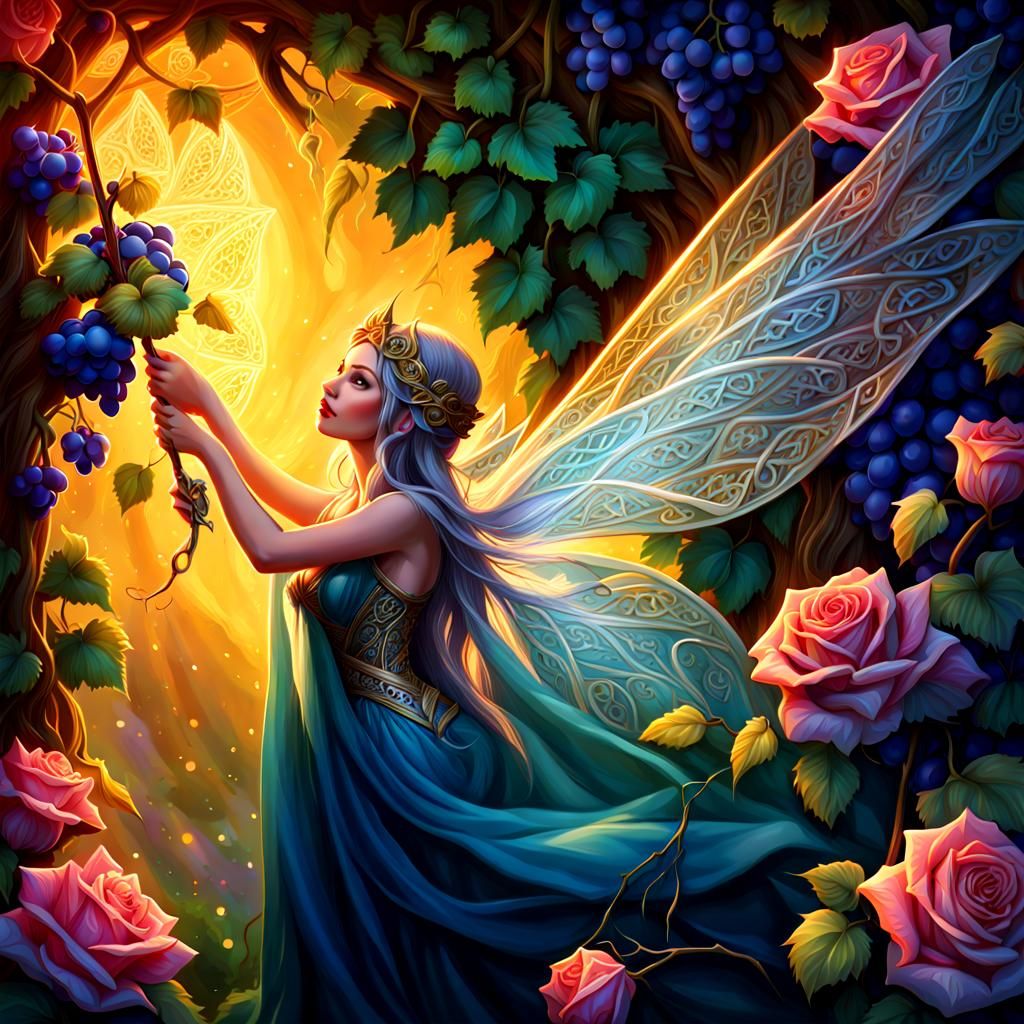 Celtic Fairy Illustration with Roses and Grape Vines