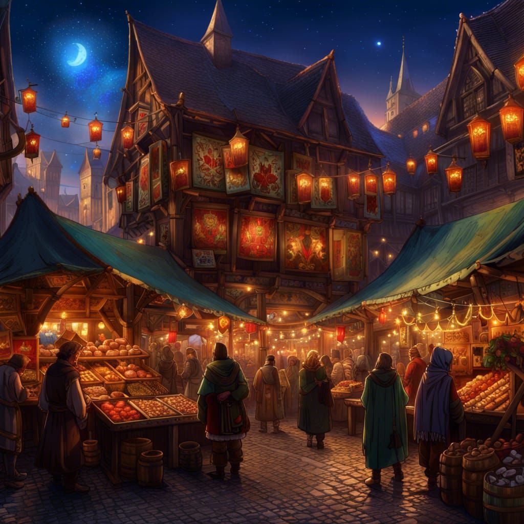 Lively Medieval Marketplace under Starry Night