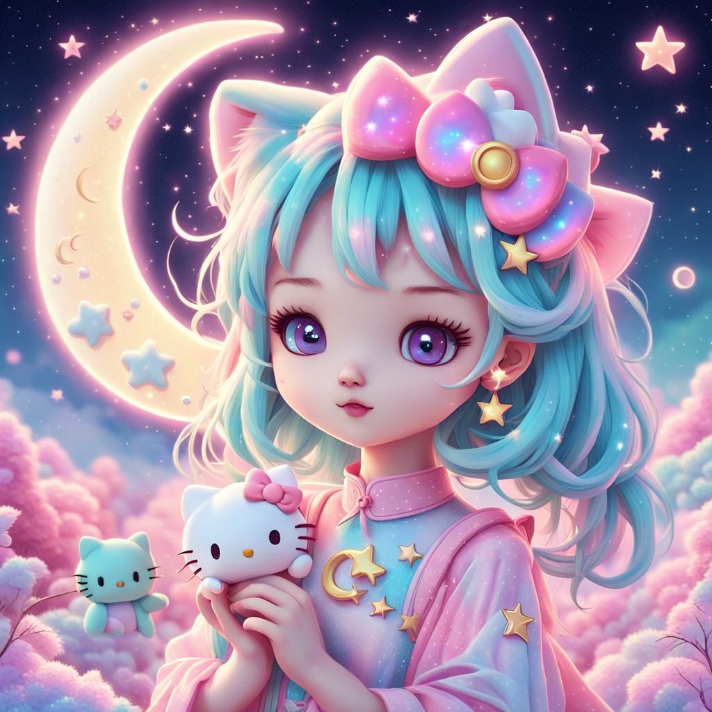 Hello Kitty Dreamscape in Pastel Kawaii Anime Style