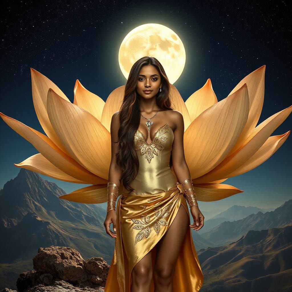 Indian Woman with Glowing Lotus Aura on Mountain Peak