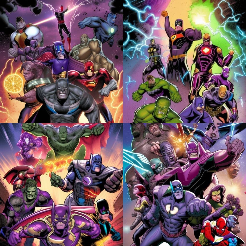 Avengers and Justice League vs Thanos: Comic Book Art