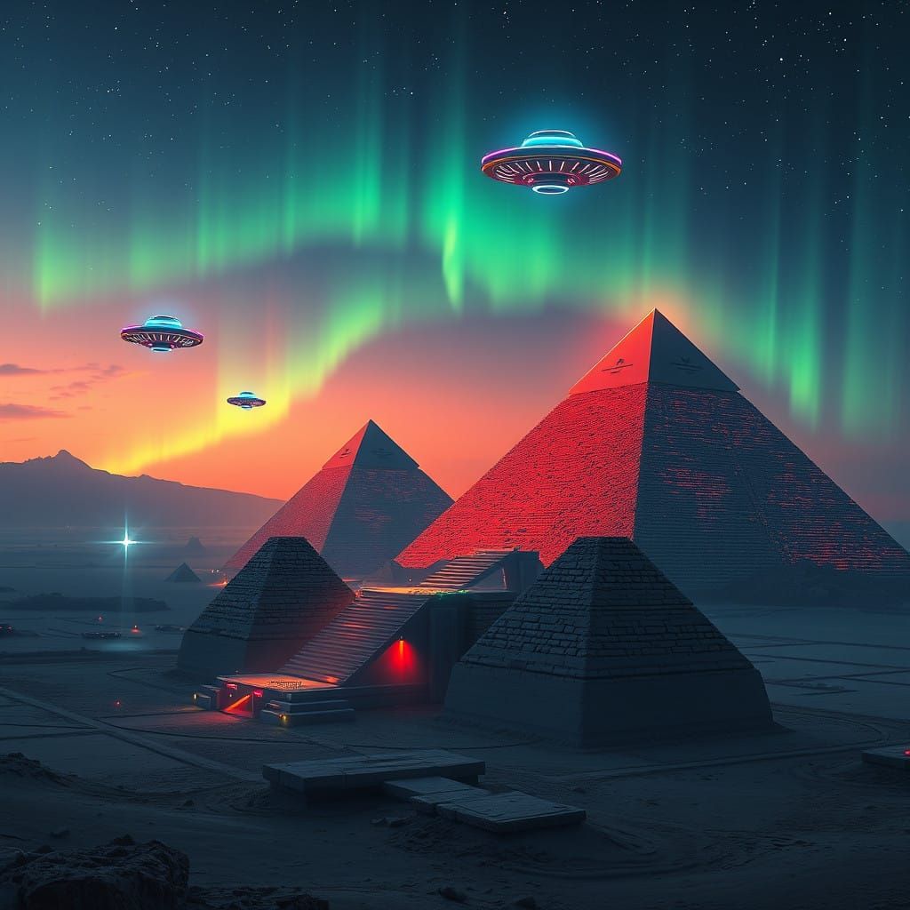 Egyptian Pyramids Under Starry Night Sky with Neon UFOs