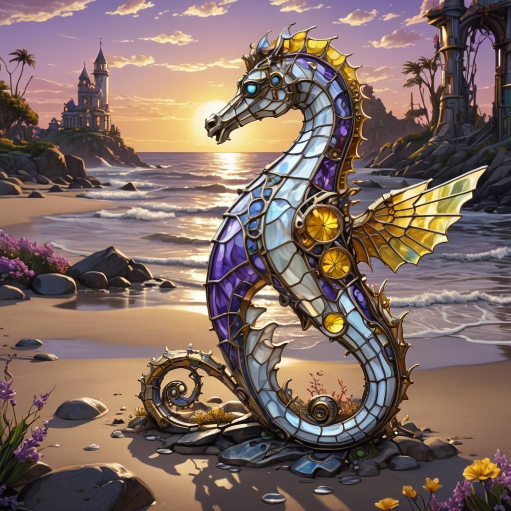 Biomechanical Seahorse Serpent with Stained Glass Wings