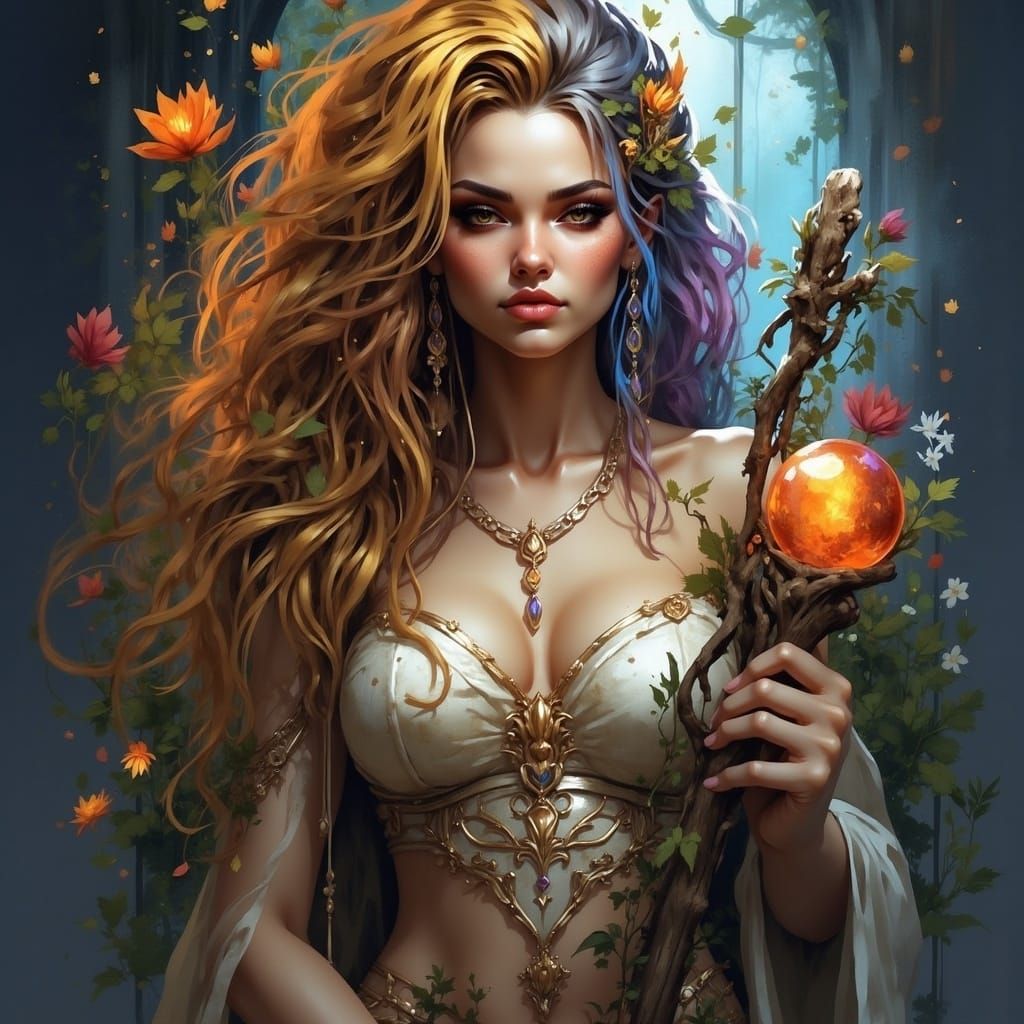 Surreal Goddess of Nature in Whimsical Biopunk Landscape