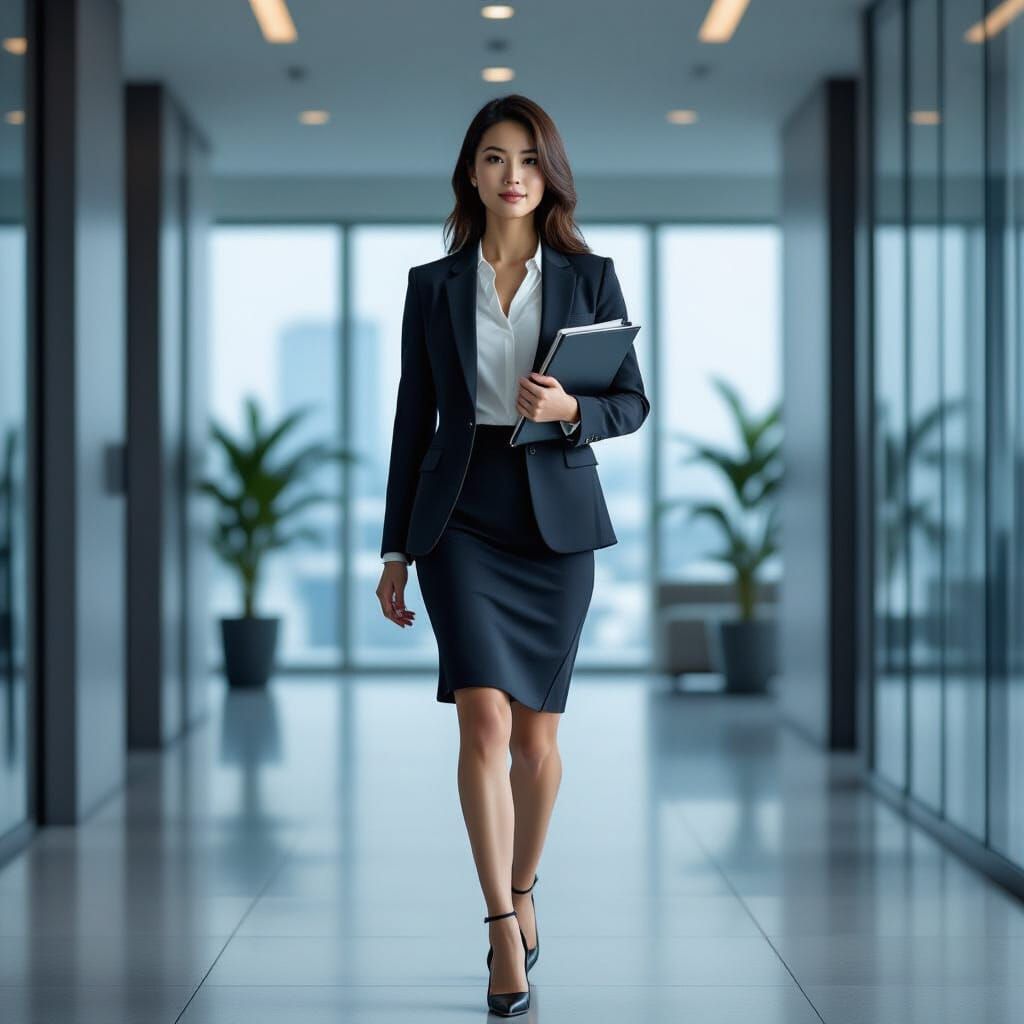 Confident Asian Businesswoman in Modern Office: Cinematic Fi...