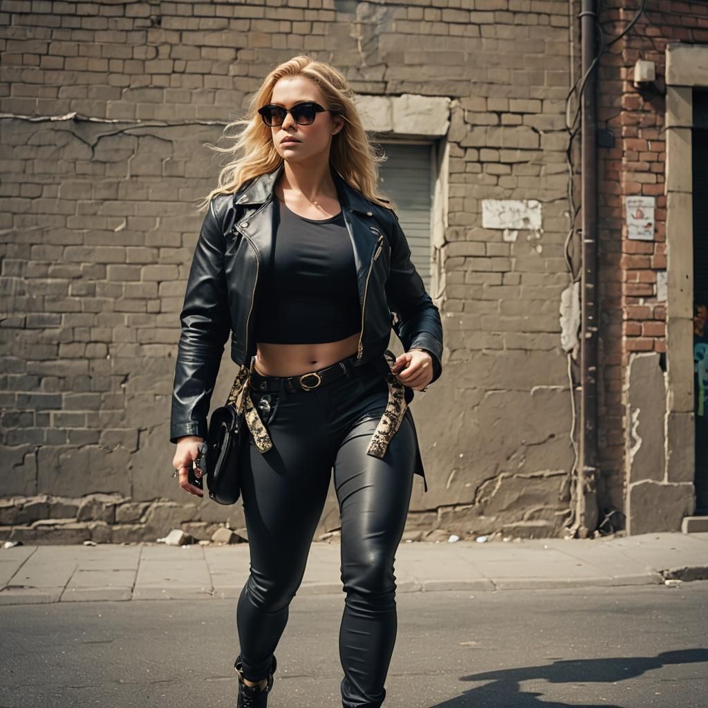 Muscular Blonde Woman in Sunglasses, Cinematic Style