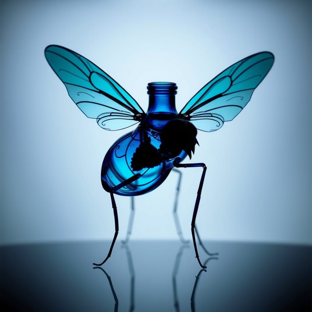 Whimsical Blue Bottle with Wings and Legs
