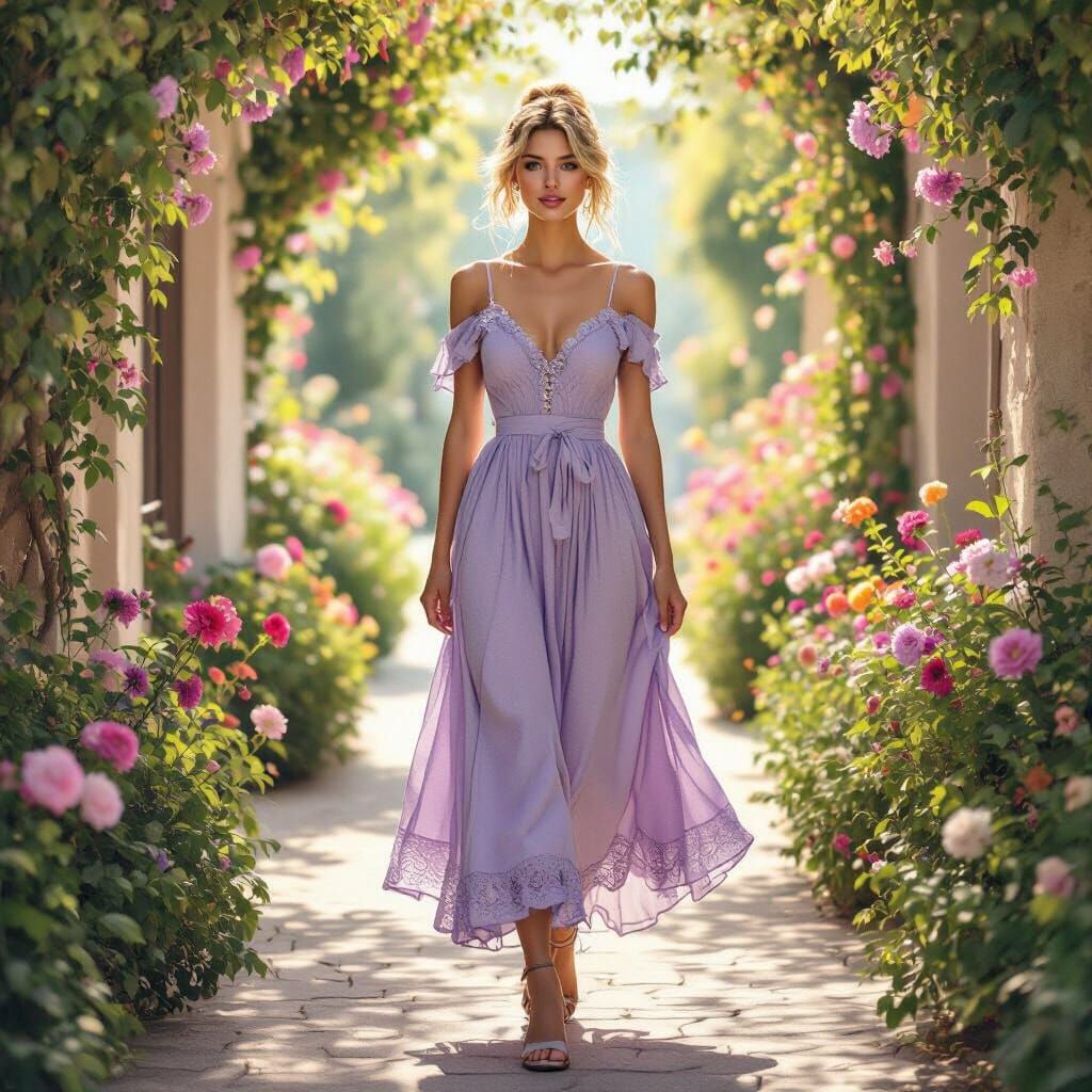 Blonde Woman in Light Purple Dress in Floral Alley