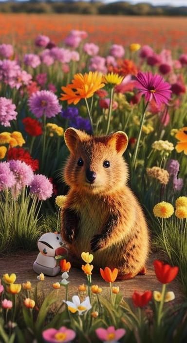 Quokka and Medieval Child in Flower Field