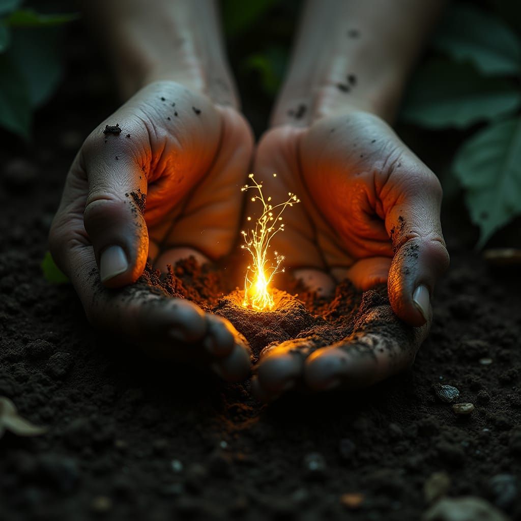 Weathered Hands Cradle Glowing Root in Forest Soil
