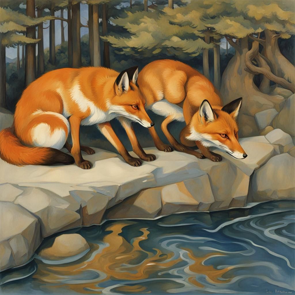 Foxes by the Blue Sea: A Classical Illustration