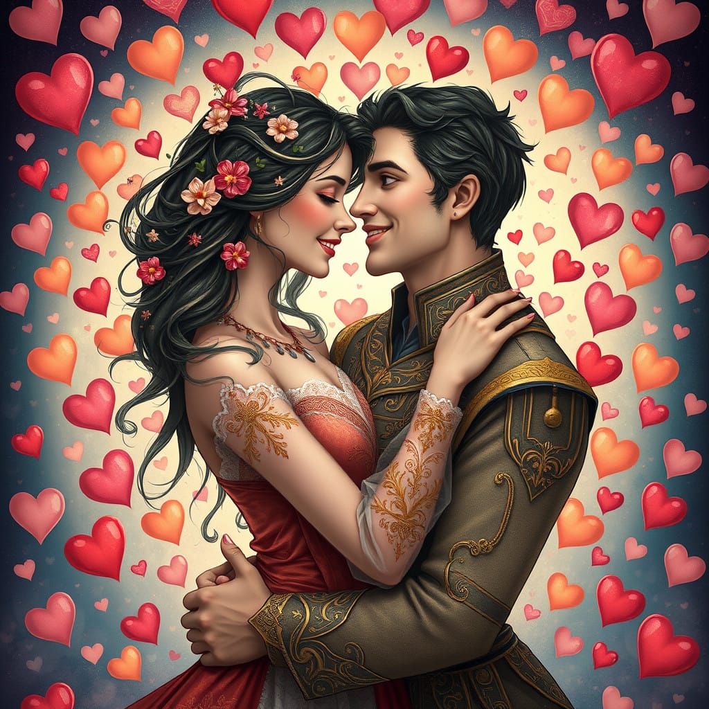 Man and Woman Embracing in a Whimsical Heart-Filled Dream