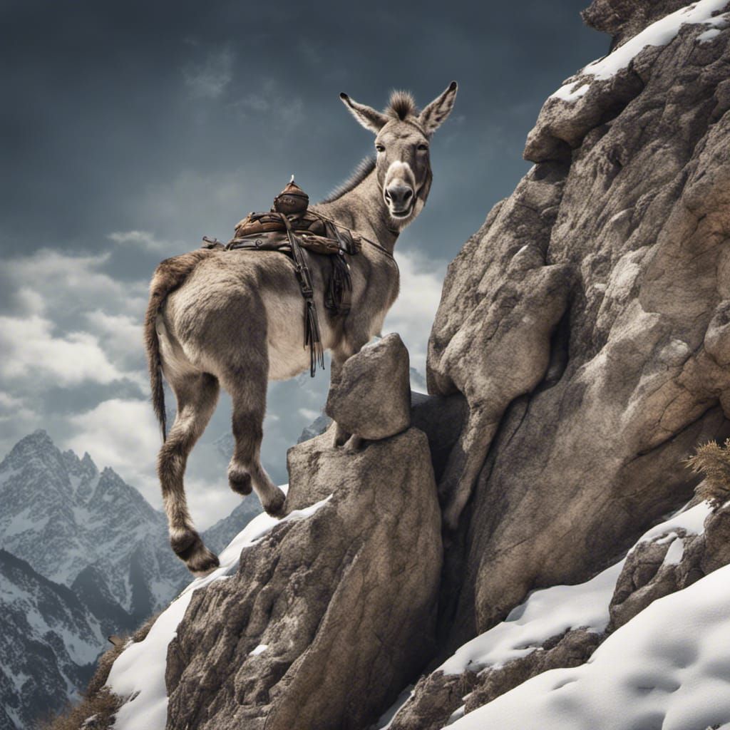 Donkey, Stone, and Snow Leopard on Mountain