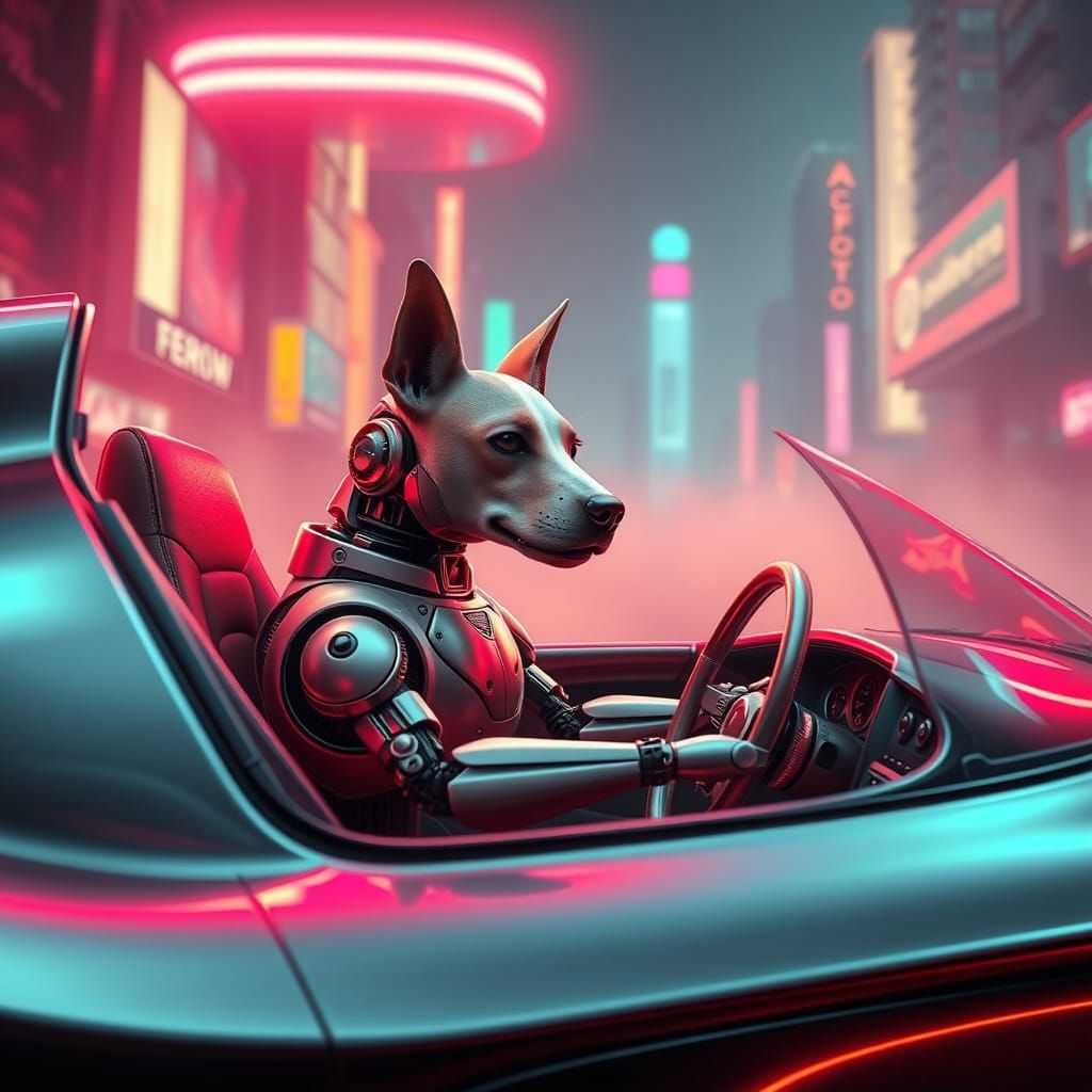 Cyberpunk Robot Dog Cruises Retro-Futuristic City