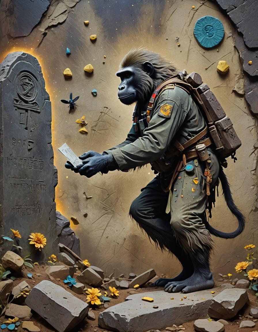Baboon Archaeologist Deciphers Tombstone in Pixar Style