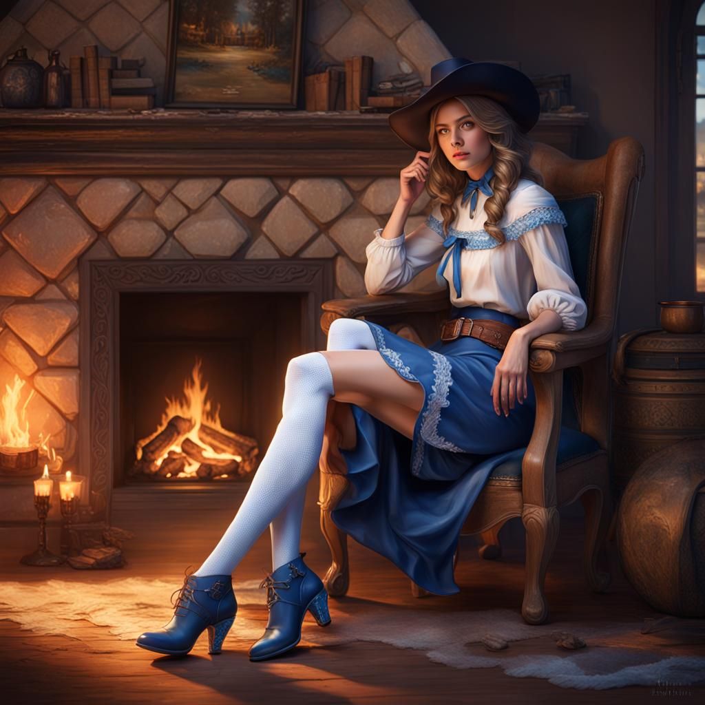 Cowgirl by Fireplace: Dark Fantasy Concept Art