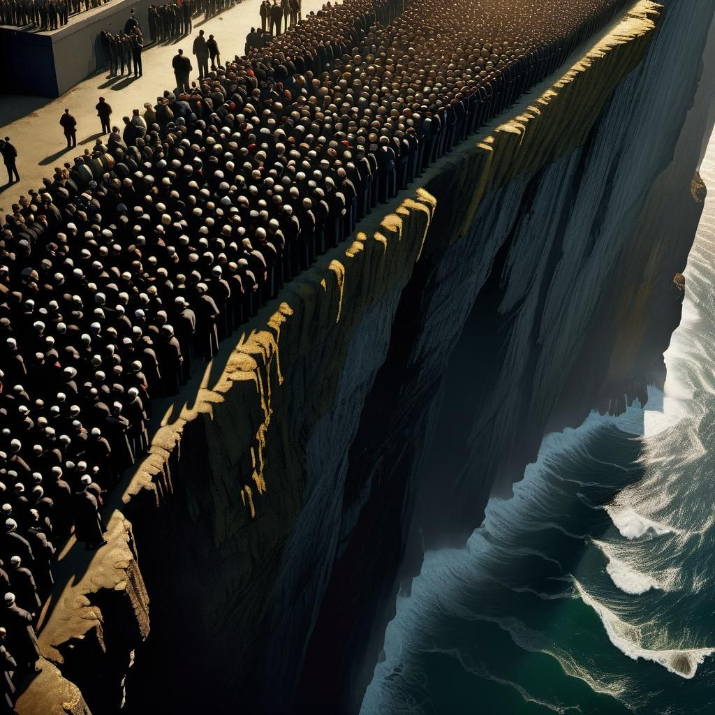 Cliffside Queue: Hyperrealistic Mixed-Media Crowd Scene