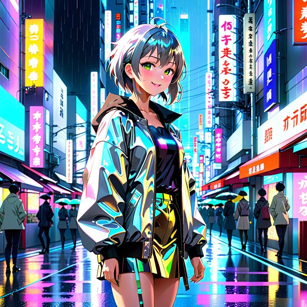 Anime Character in Tokyo Street, Cyberpunk Style
